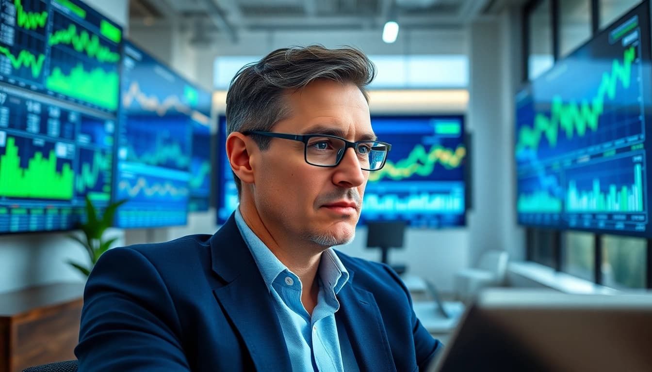 Showcase a crypto fractional CFO analyzing financial data with modern technology in a bright office.