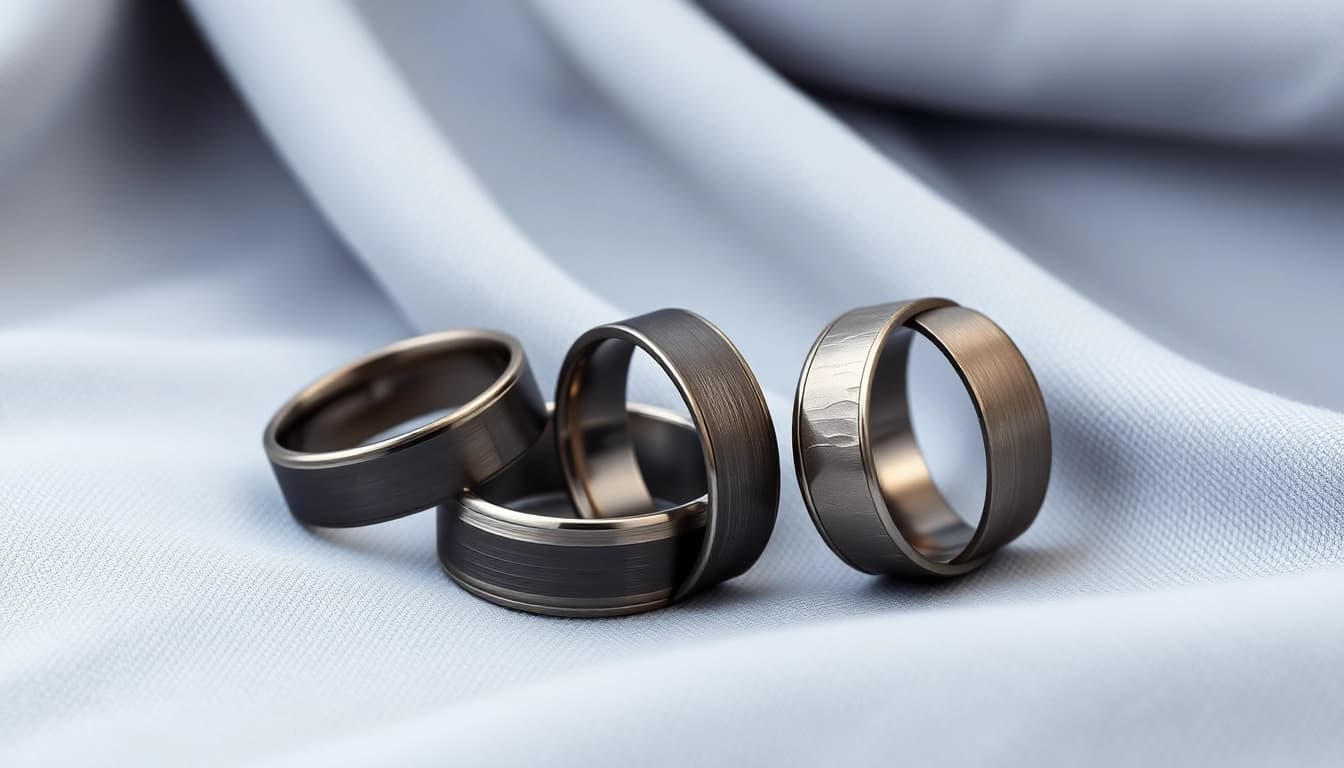 Showcase of Gunmetal Wedding Bands for Men highlighting sleek designs and modern finishes.