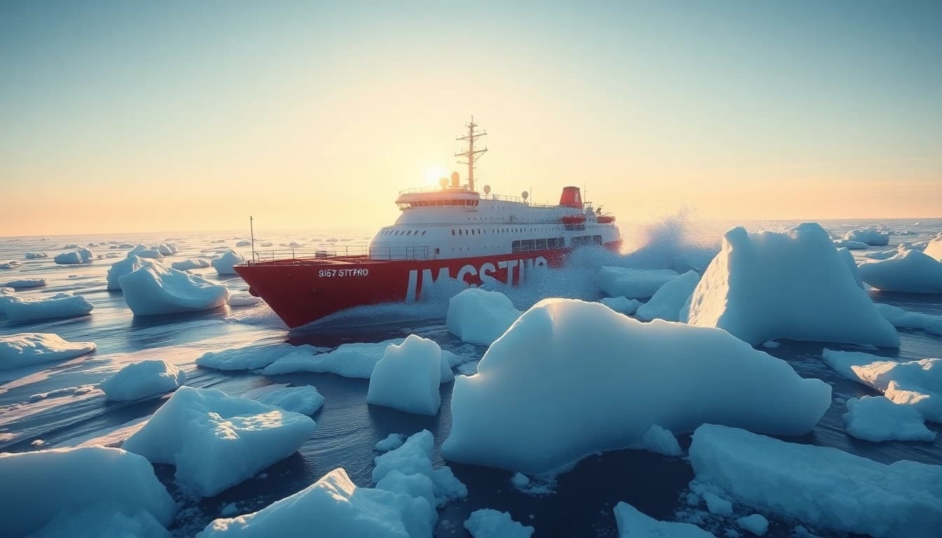 Illustration depicting the break the ice origin with an icebreaker navigating icy waters while overcoming barriers.