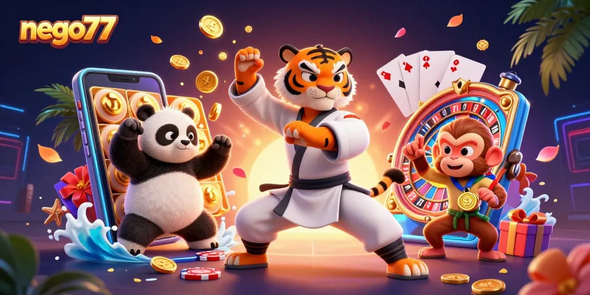 Nego77 players enjoy vibrant slot games and competitive action in this dynamic, colorful casino illustration.