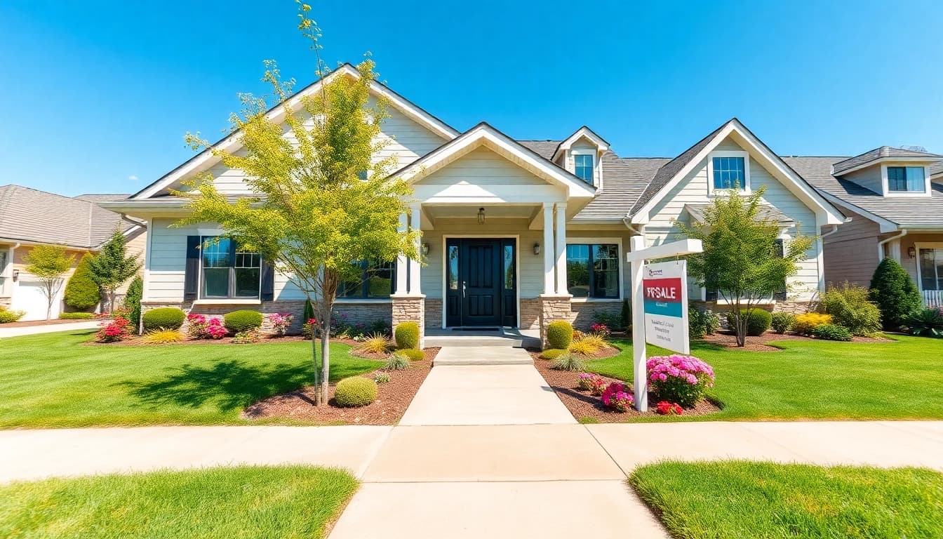 Promote Real Estate listing with a beautiful home and inviting front yard in bright sunlight.