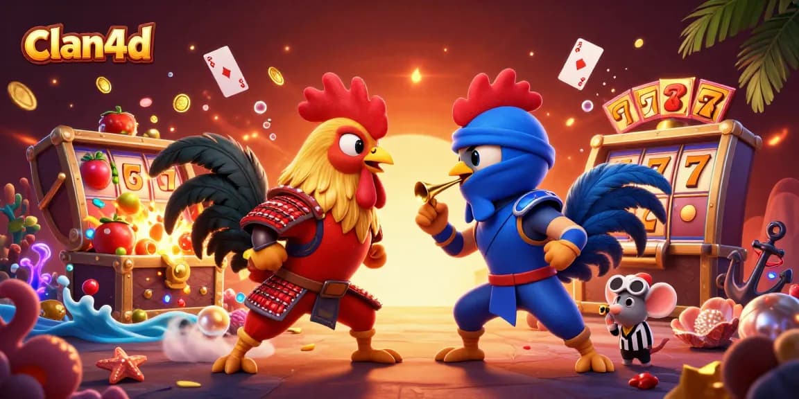 Engage in the thrilling action of clan4d with 3D roosters battling over slot jackpots in vibrant casino-themed world.