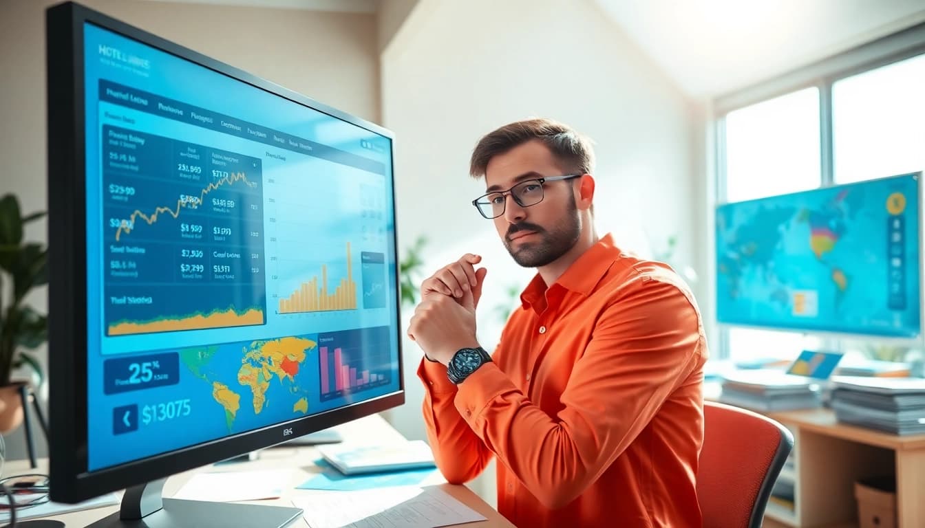Compare Rates for Hotels with a travel planner analyzing hotel options in a bright office.