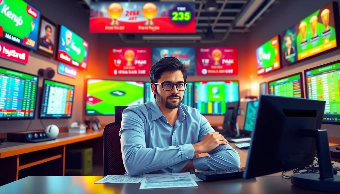 Engaging analyst offering cricket betting tips 7 surrounded by live data and match statistics.