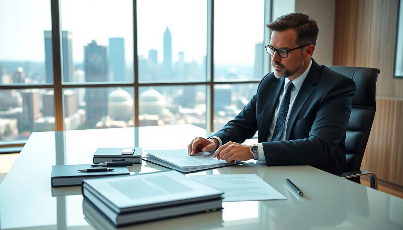 Reviewing real estate documents at https://www.atlantarealestateattorney.com in a professional office setting.