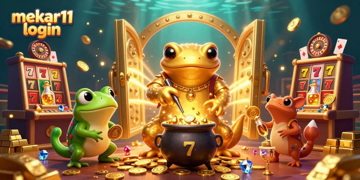 Mekar11 login showcases the golden salamander alchemist in a dynamic casino scene, surrounded by jackpots and riches.