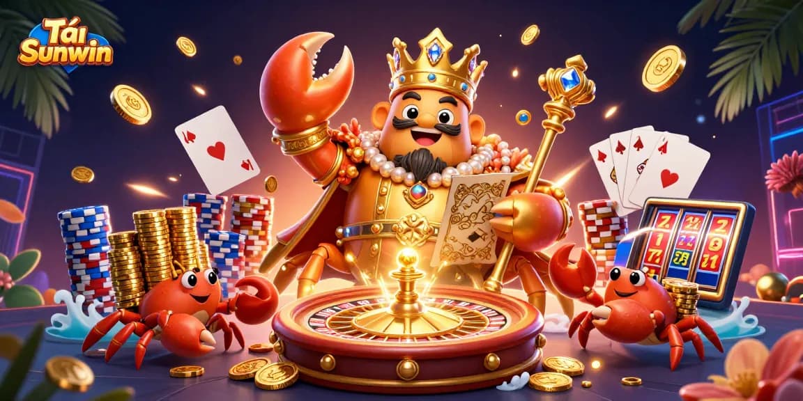 Tải Sunwin and enjoy your gaming experience with a lively illustration of a golden crab emperor and dazzling casino elements.