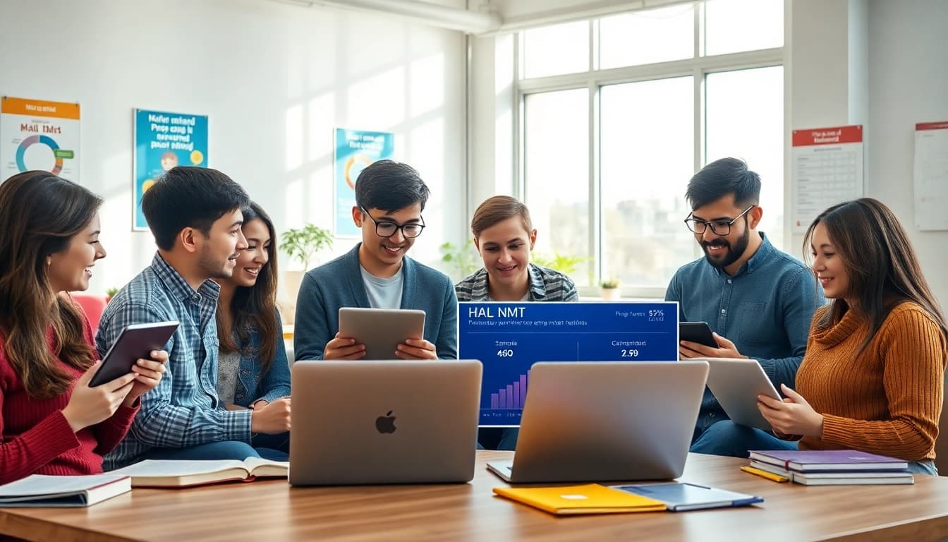 Calculate NMT scores collaboratively in a modern educational setting.