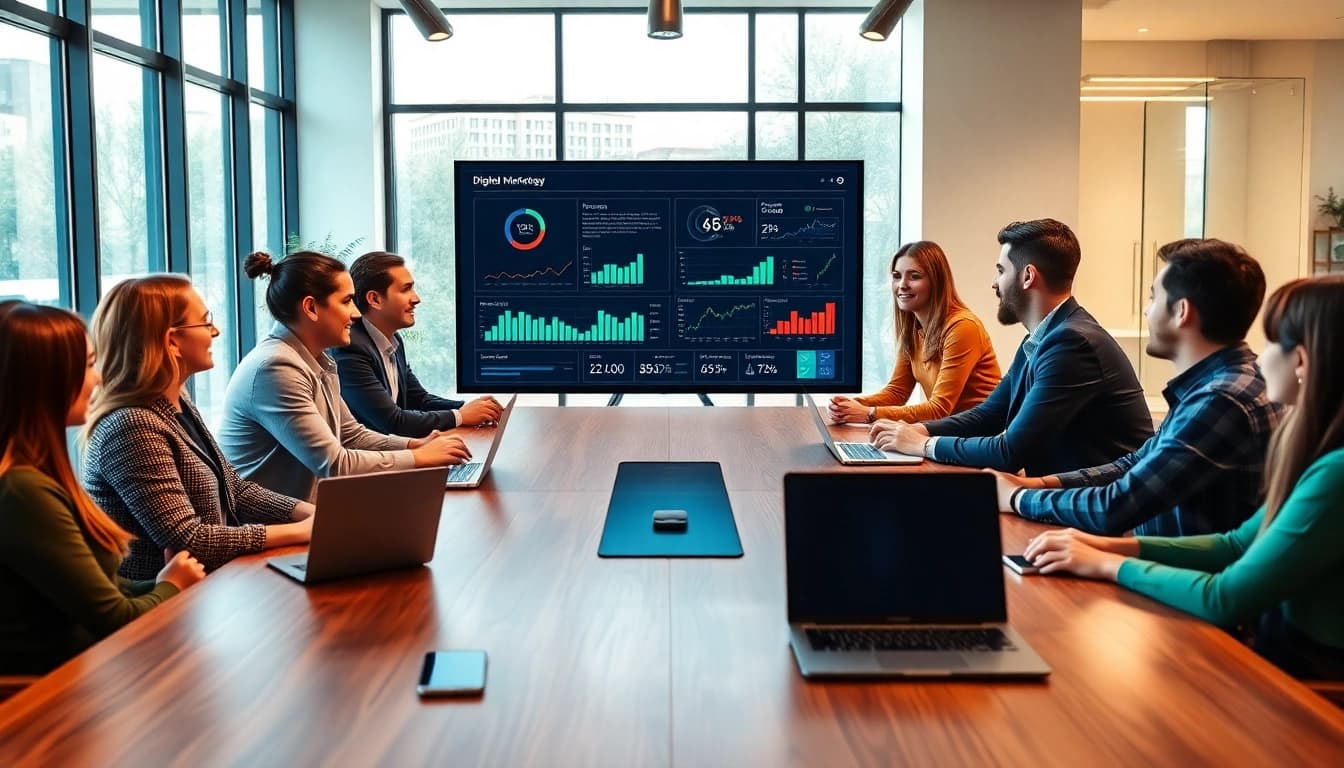 Enhance your digital presence with strategies from https://frontidas.com in a collaborative office meeting.