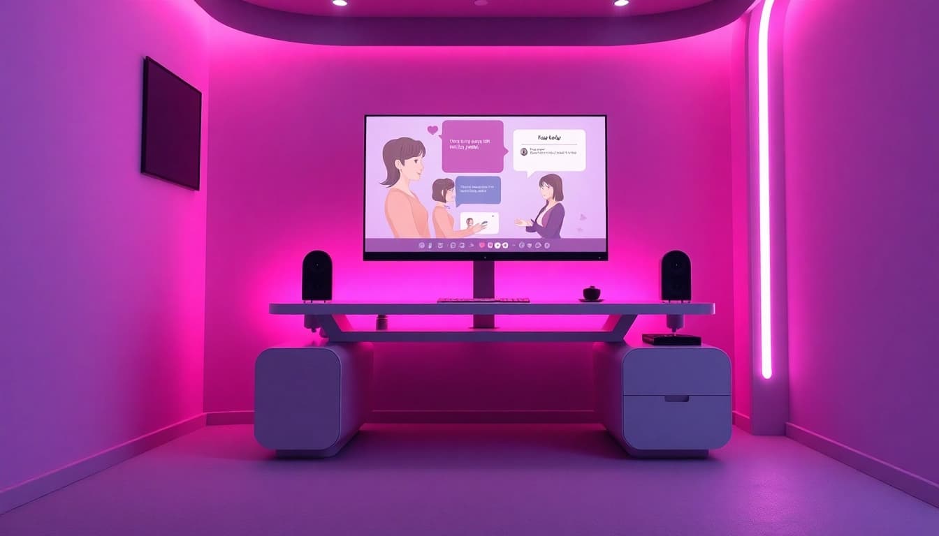 Engaging AI sex chat interface with vibrant characters and warm ambiance