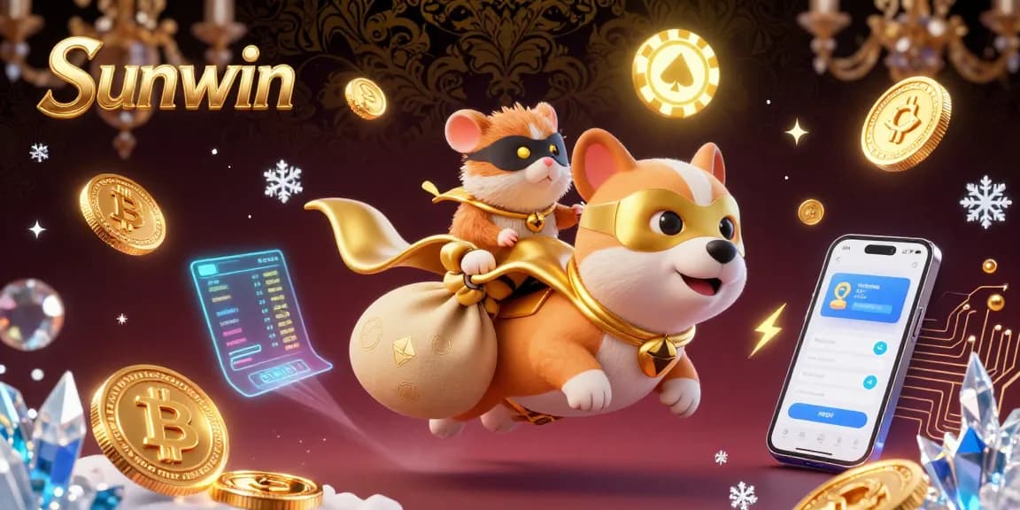 Engage in thrilling gameplay at Sunwin, where a superhero dog collects gold coins amidst vibrant gambling visuals.