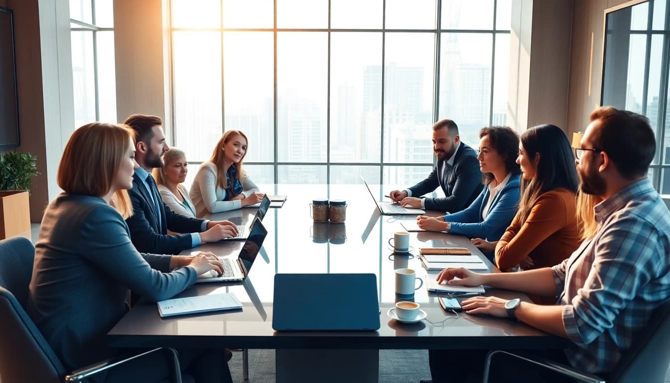 Engaging business meeting showcasing teamwork and collaboration in a vibrant office.