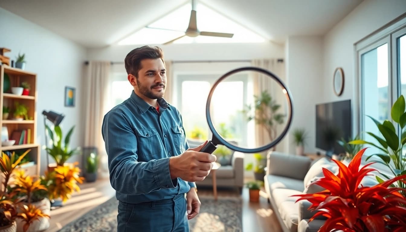 Professional bug control technician inspecting a home environment for pests.