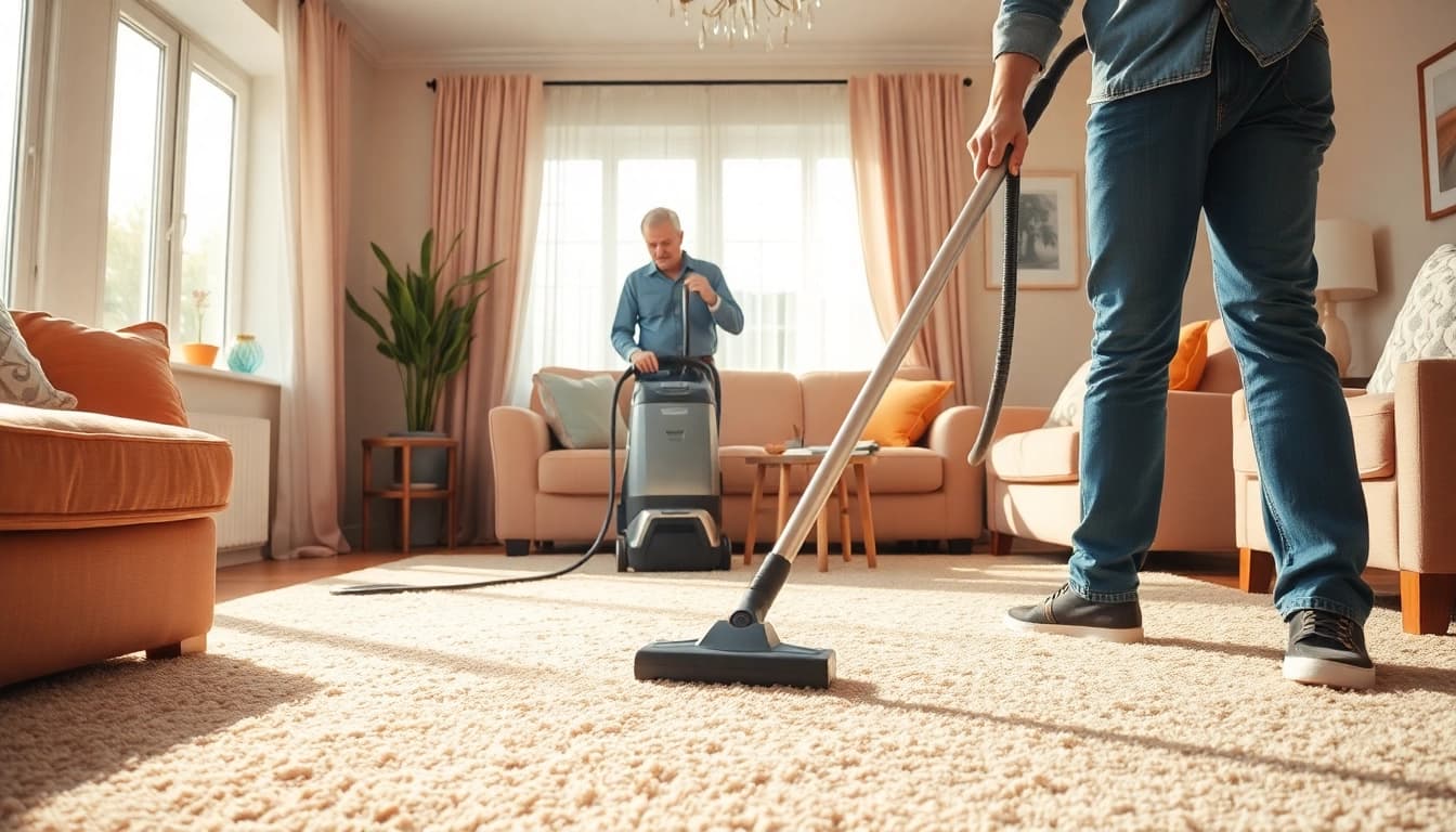 Showcasing professional carpet cleaning in Roseville CA with a technician at work.