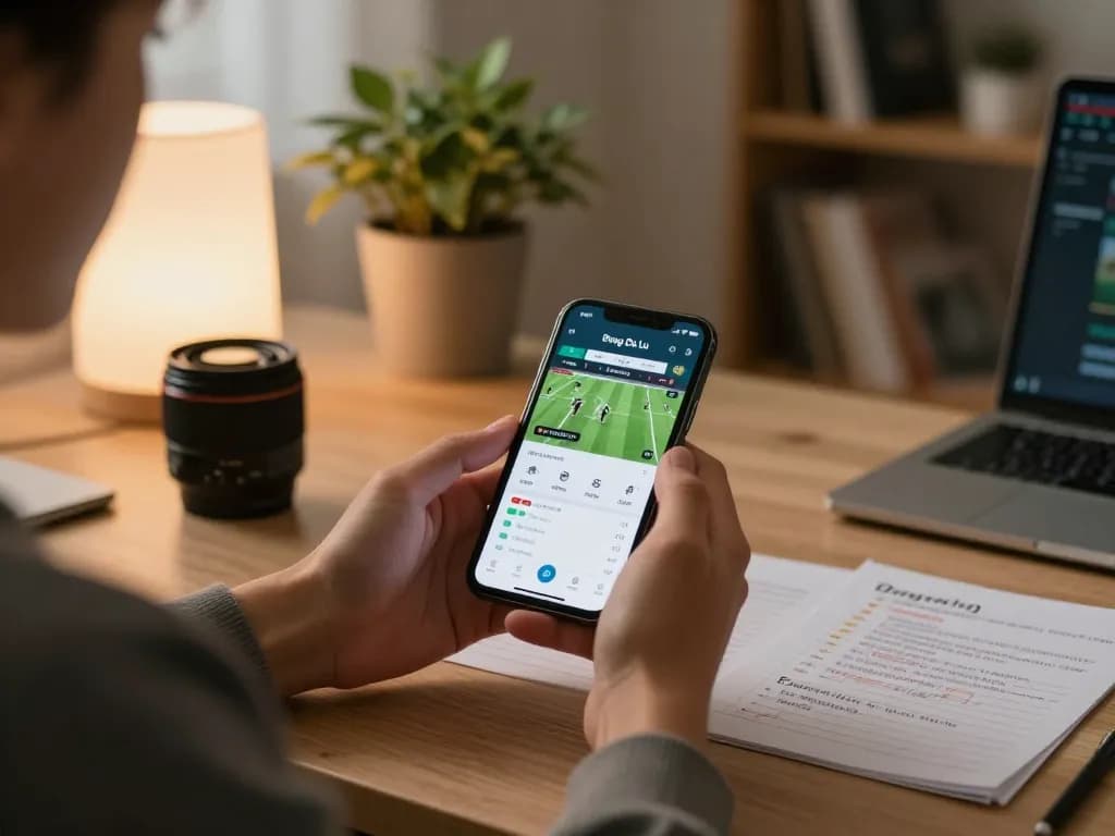 Bong Da Lu user checking live football scores on smartphone in cozy home office.