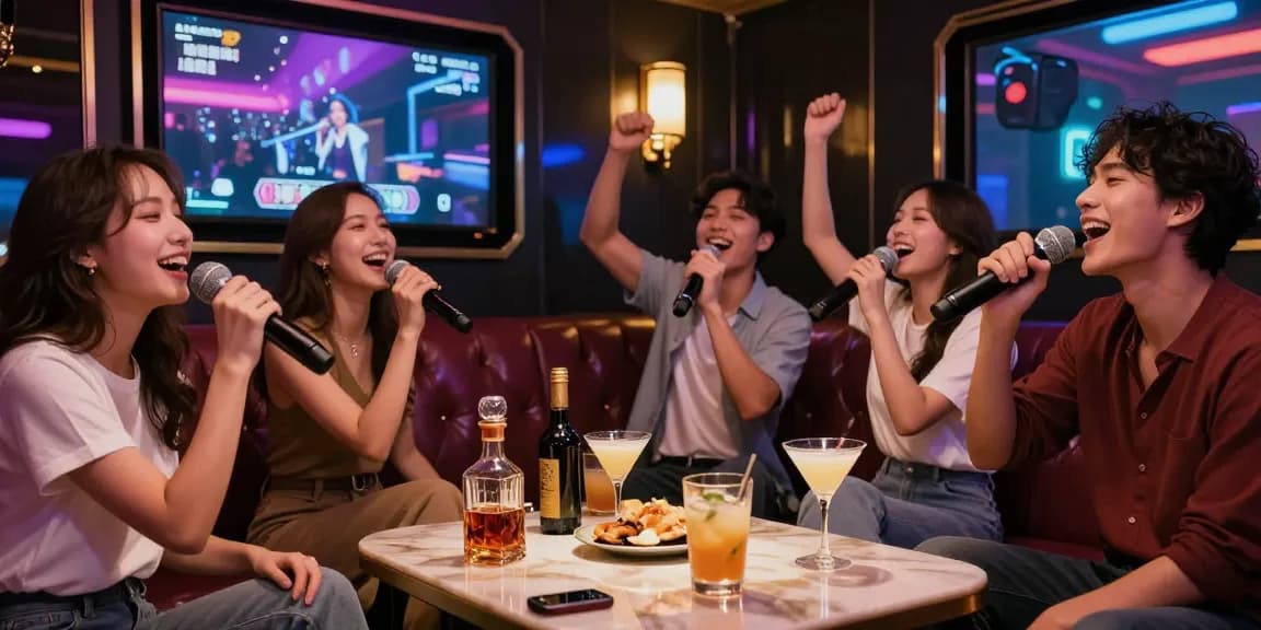 강남가라오케에서 친구들과 함께 즐거운 시간을 보내는 모습, 고급스러운 분위기와 다채로운 조명이 돋보입니다.