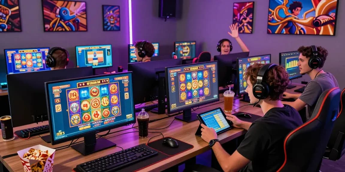 Players enjoying JPTOTO online slot games in a modern gaming room filled with excitement and vibrant colors.