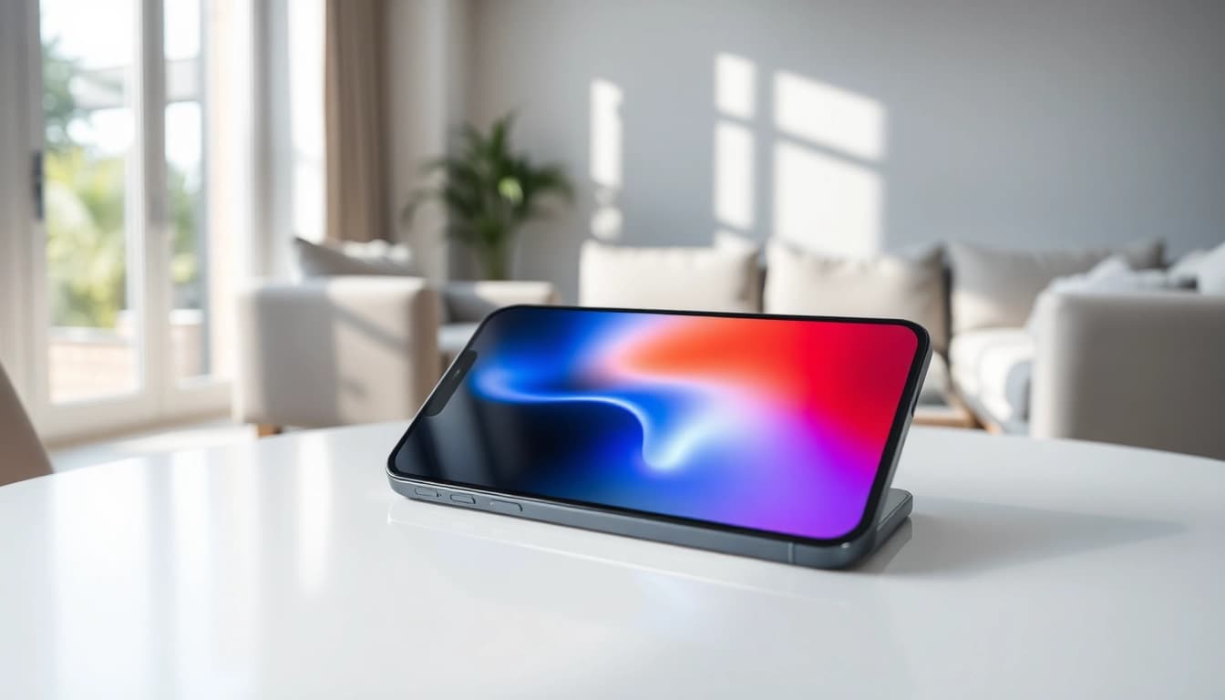 Usa el iPhone 16 Plus en una mesa moderna con luz natural en una sala de estar minimalista.