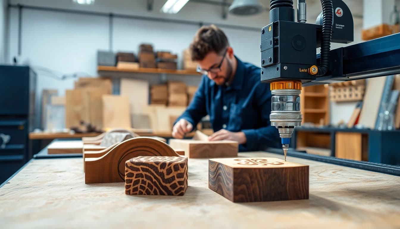 Engraving intricate custom laser design on wood in a professional workshop