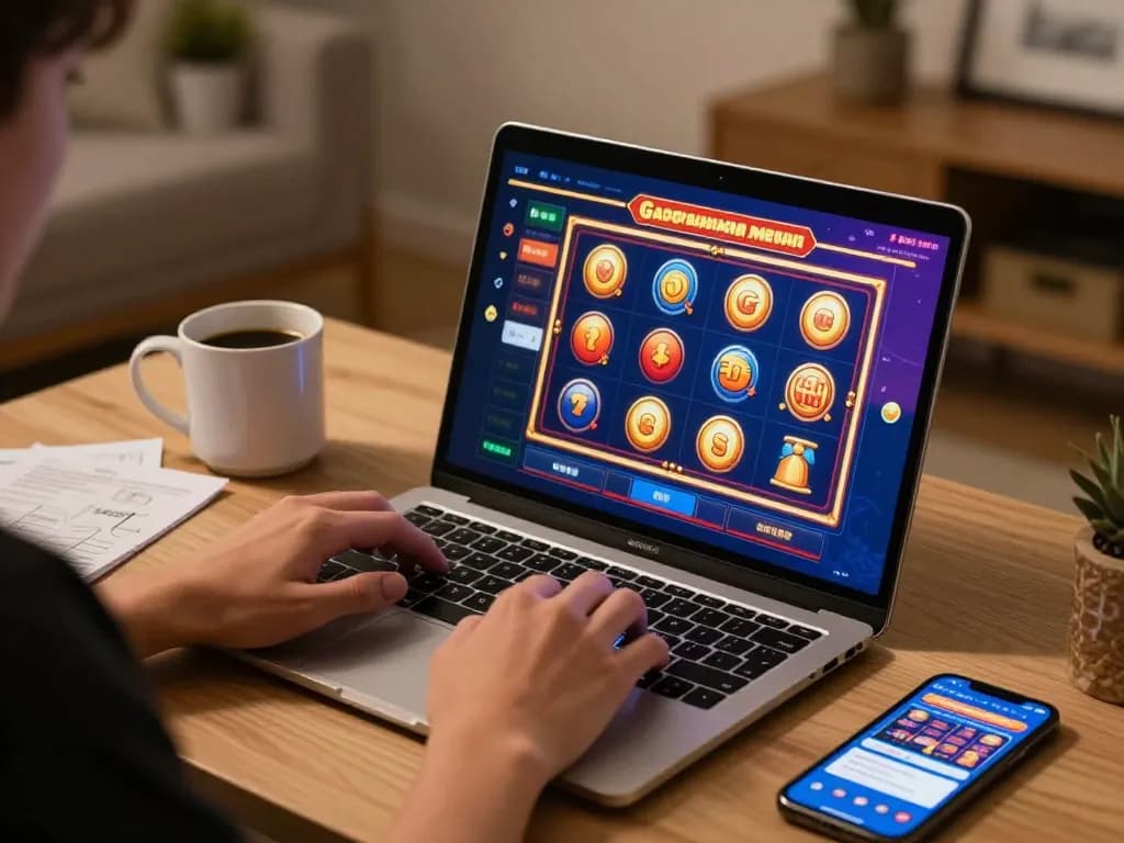 Engaging with slot gacor gampang menang on a laptop, showcasing vibrant gameplay in a cozy home setting.