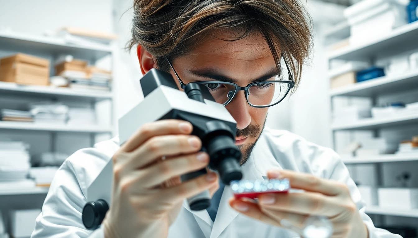 Scientist examining engineered composites in a bright laboratory setting with advanced materials.