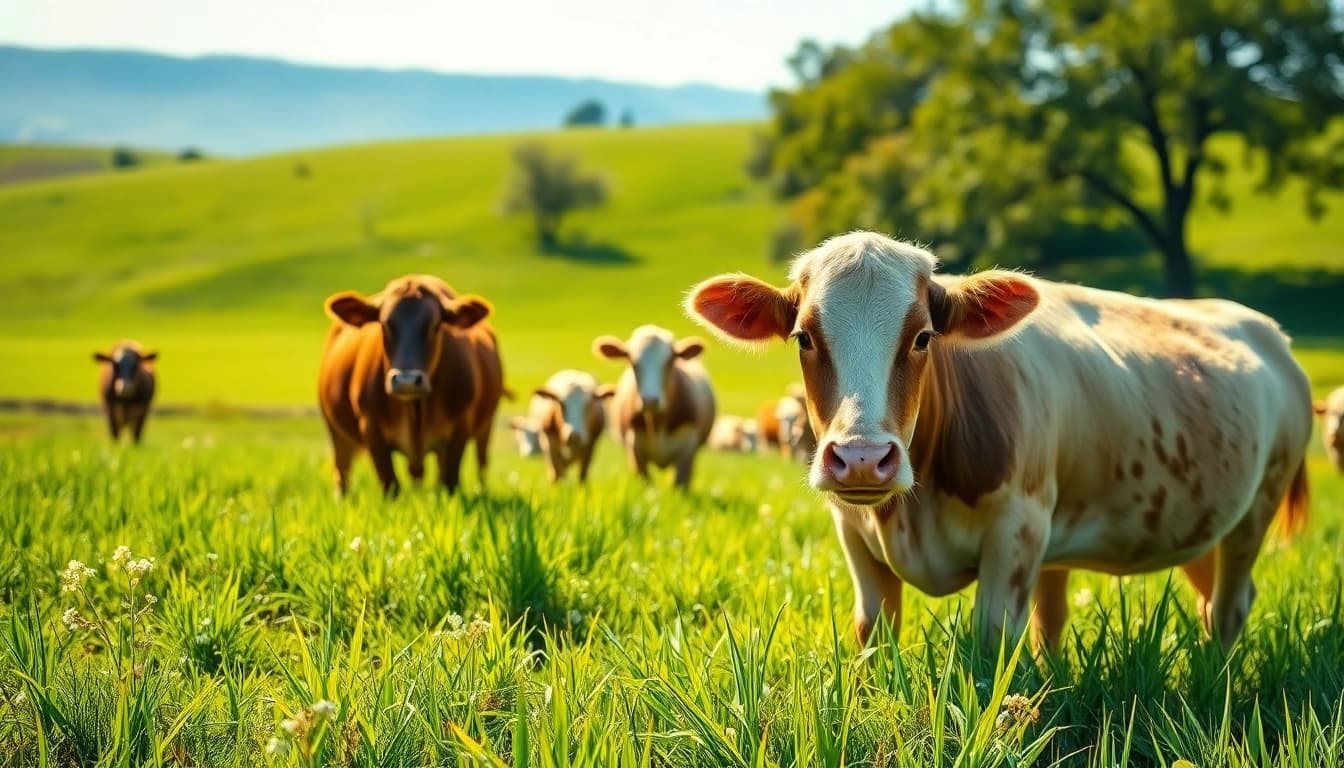Enhance cattle health with quality cattle feed in a vibrant pasture setting.