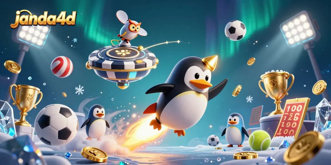 Janda4D menunjukkan penguin emas terbang dalam dunia slot online dengan koin berkilau mengelilinginya.