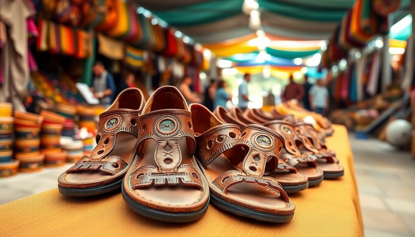 Découvrez les sandales huarachepaschers.fr artisanales dans un marché vibrant.
