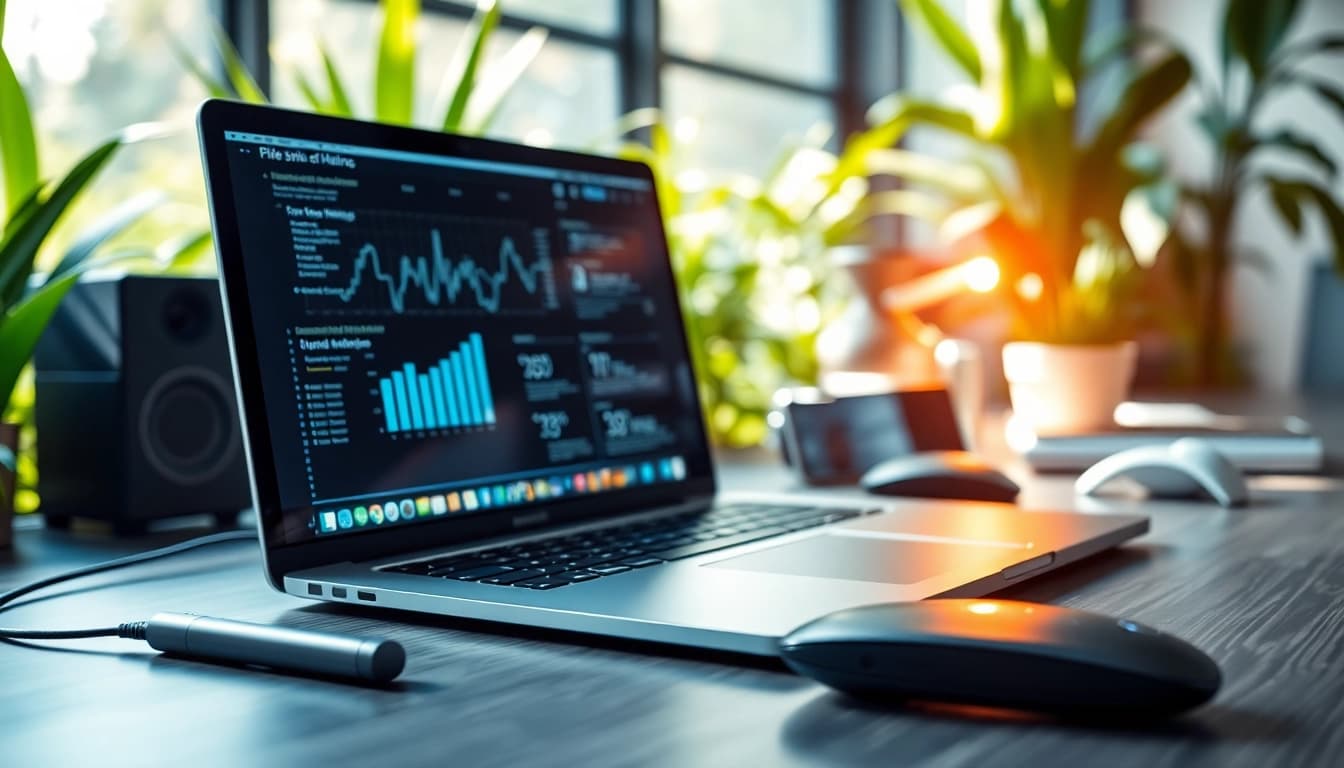 Showcasing Technology with a sleek laptop and innovative gadgets in a serene workspace.