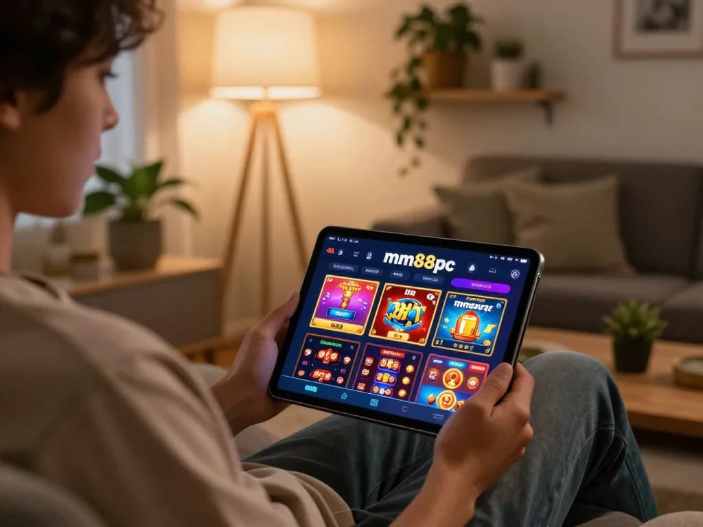 Player engaging with mm88pc casino app in a cozy home setting using tablet for a responsible gambling experience