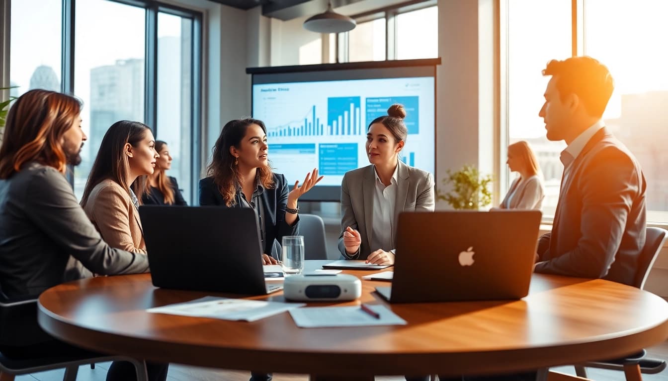 Engaged business professionals collaborating in a modern office setting for a successful Business operation.