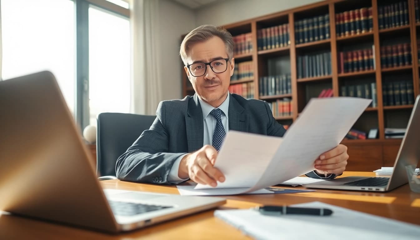 Erhalten Sie Abmahnung – Anwalt diskutiert rechtliche Schritte in Büroumgebung.