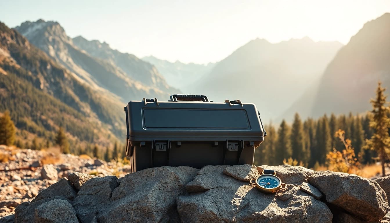 Showcasing a pelican rifle case in a rugged outdoor setting, emphasizing durability and adventure.