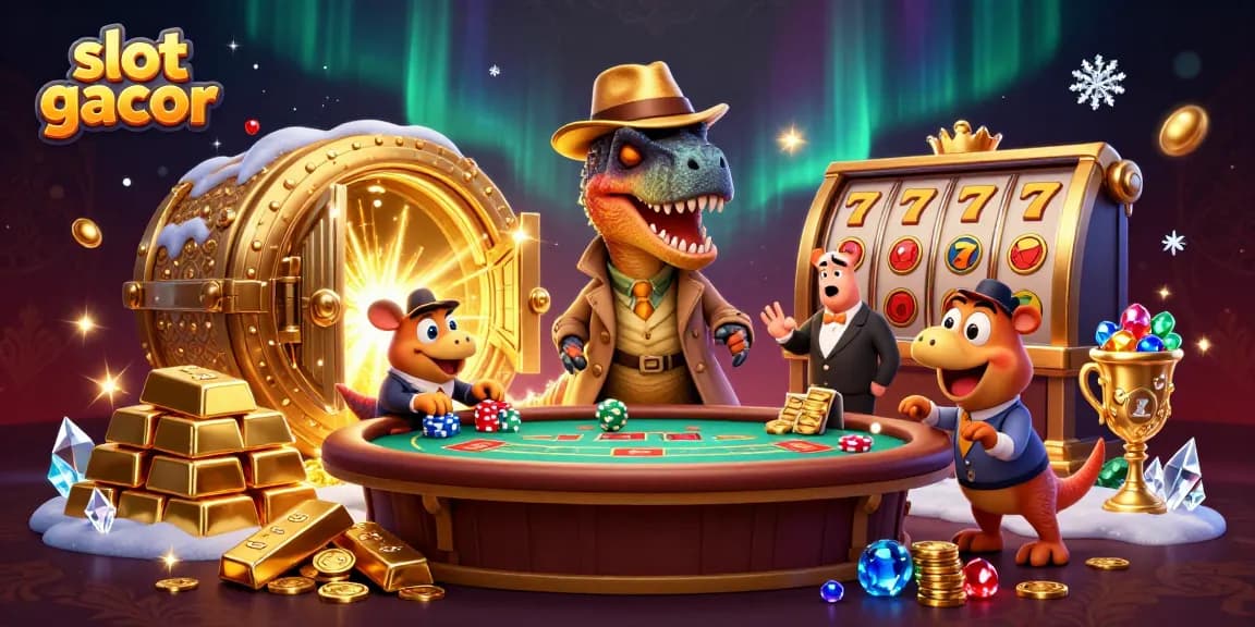 Experience slot gacor excitement with a cartoon scene of a velociraptor at the blackjack table, gold treasures around.