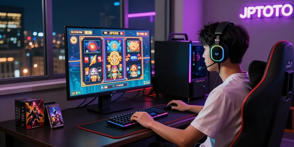 Exciting JPTOTO online gaming scene with player at vibrant slot machine interface, illuminated RGB setup.