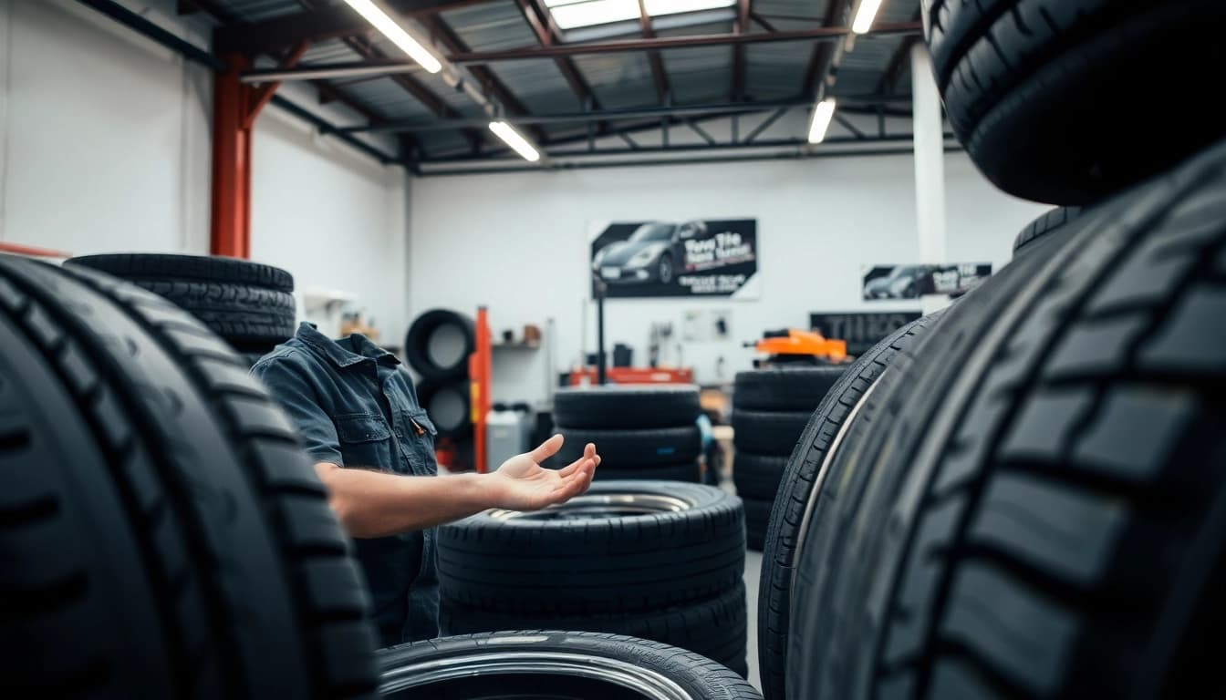 Browse used tires Nashville at a professional workshop with a mechanic inspecting high-quality options.