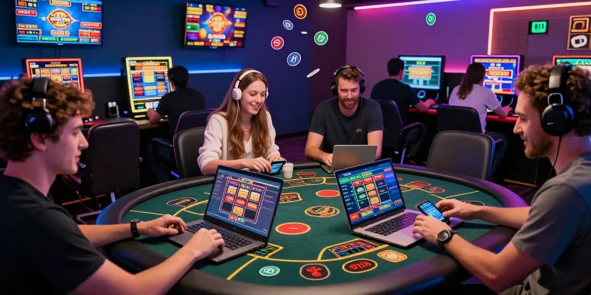 Players exploring credit card casinos at https://brcs.co.uk with vibrant gaming atmosphere and diverse devices.