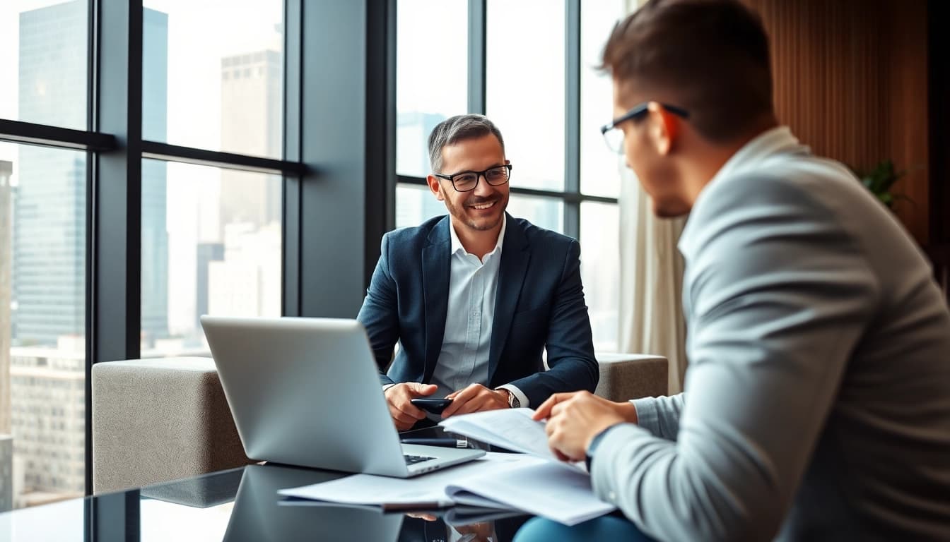 Engaging financial advisor assisting clients with financial strategies in a modern office.