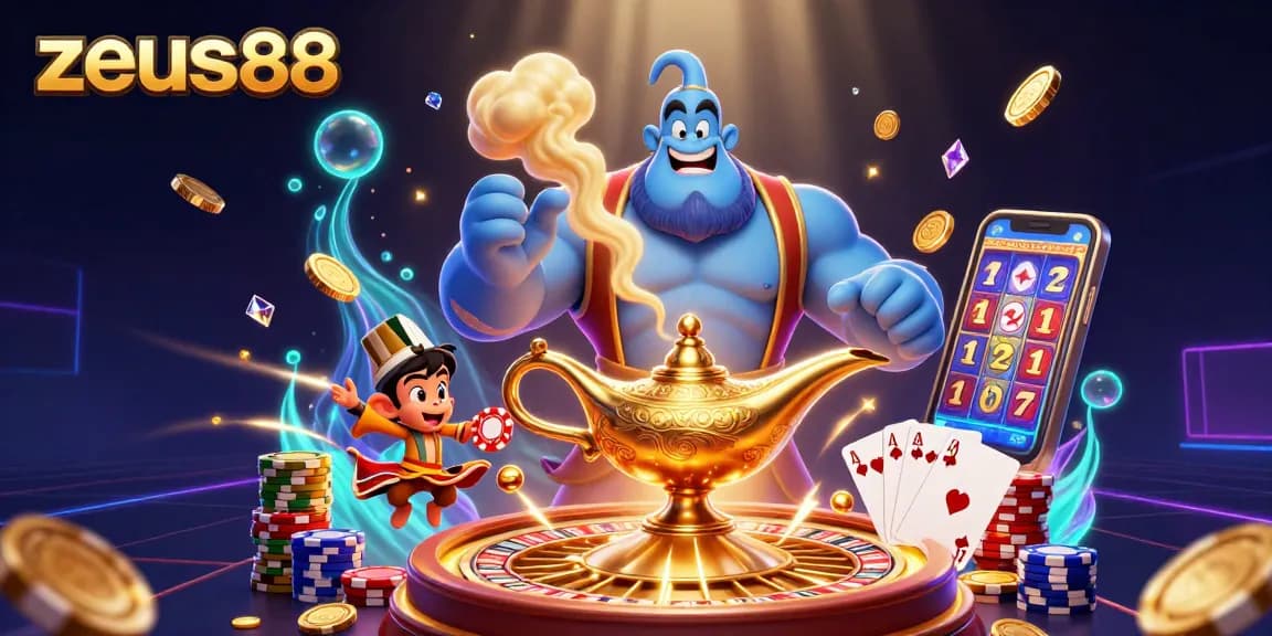 zeus88 menampilkan pemandangan menarik dari permainan slot dengan karakter jin dan koin emas berkilau.