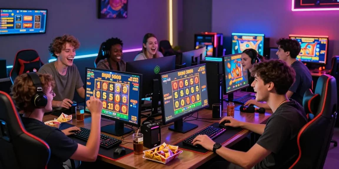 Exciting group of friends enjoying slot depo 5000 games in a vibrant online gaming setup with colorful LED lights and monitors.