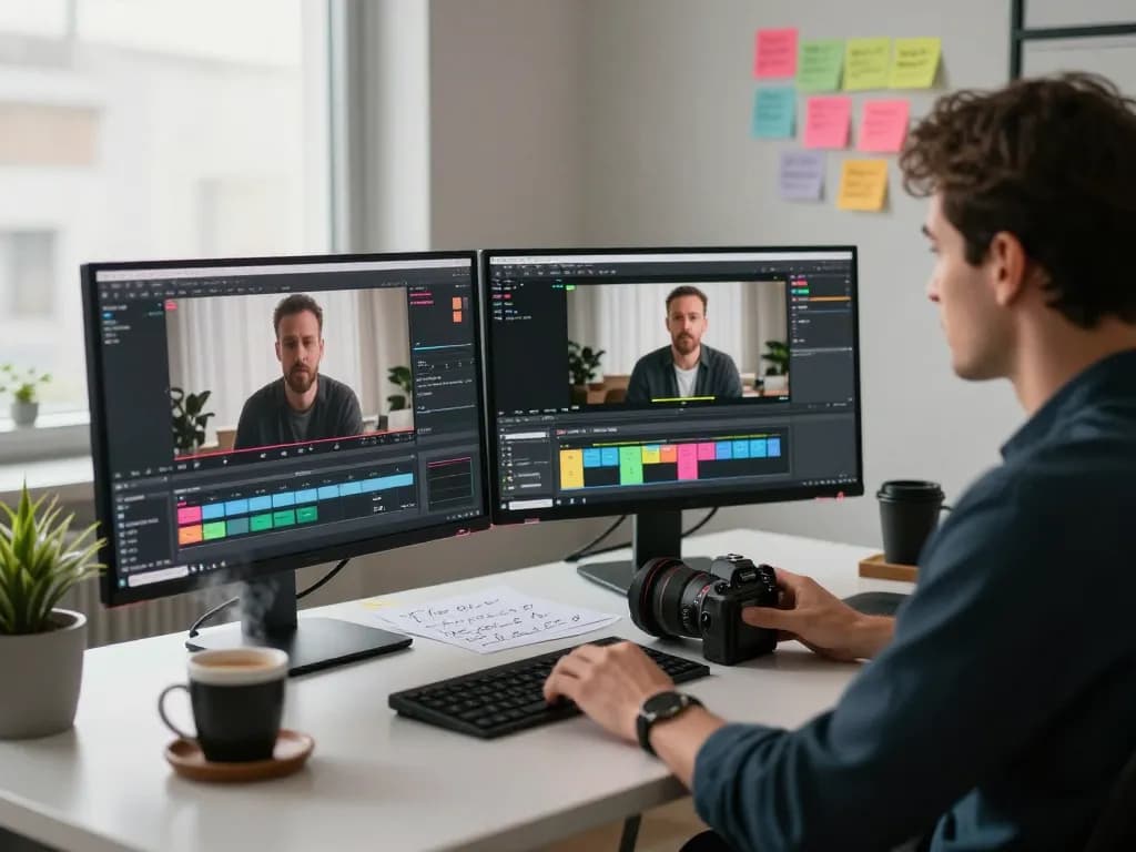 Professional workspace analyzing video to prompt with multiple monitors and creative notes