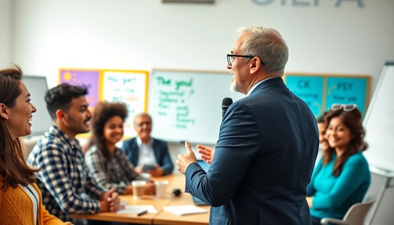 Public Speaking Coach leading an engaging workshop with diverse participants.