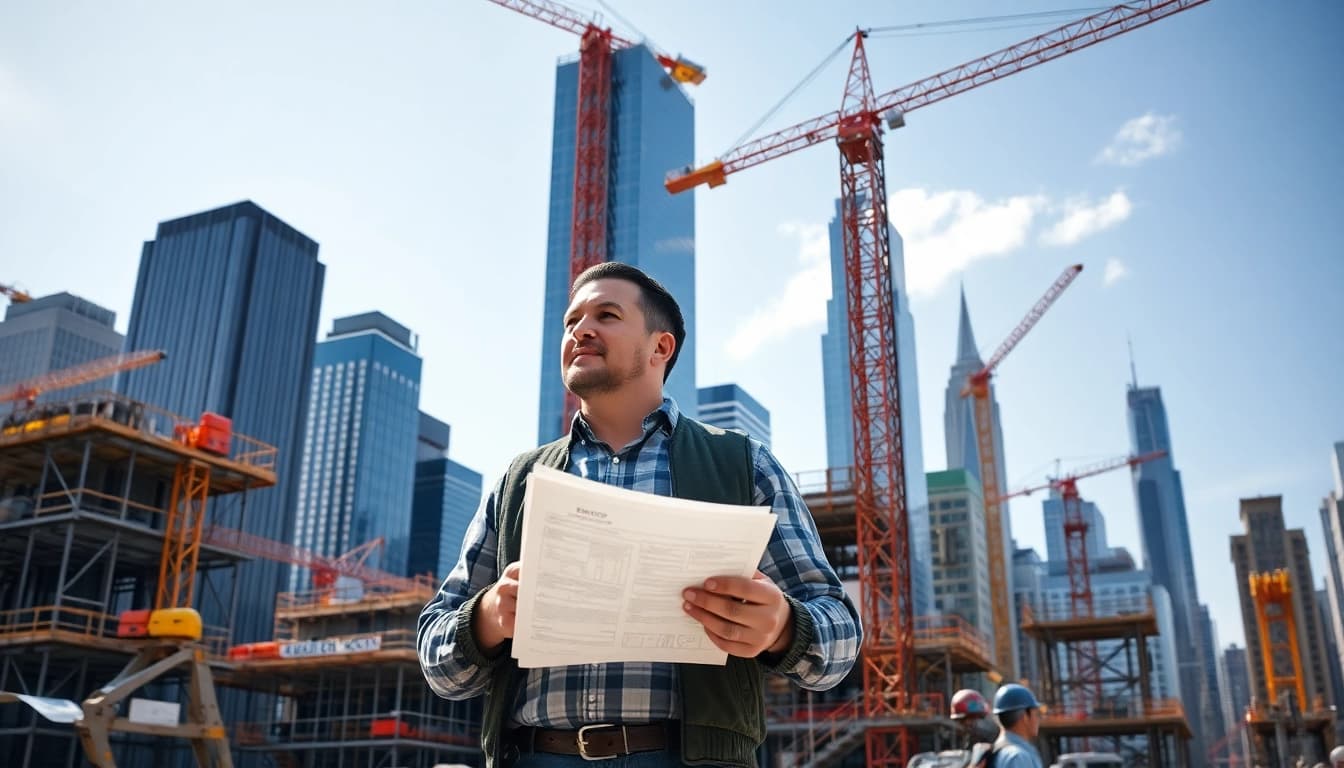 New York City Construction Manager collaborating with team on an active construction site in Manhattan.