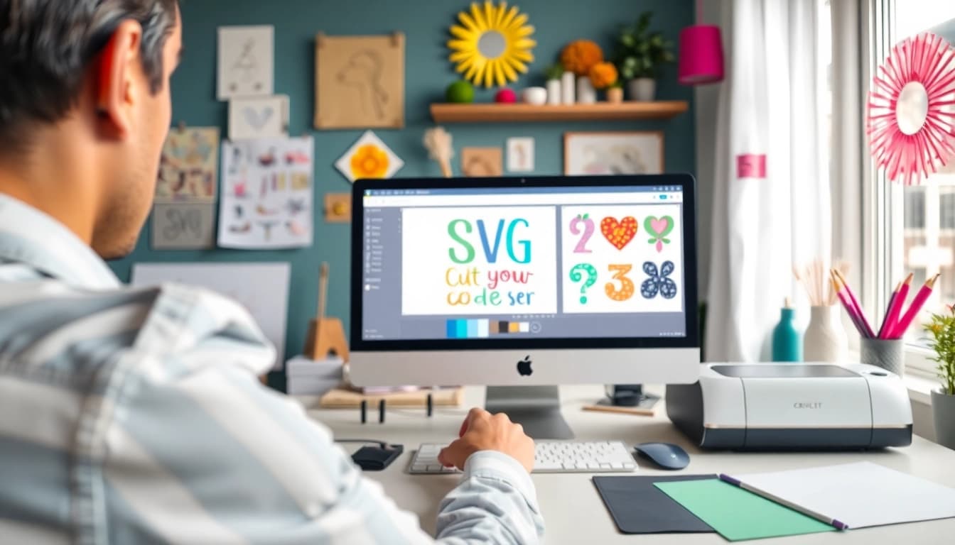 Download SVG cut files free download with vibrant designs showcased on a designer's computer.