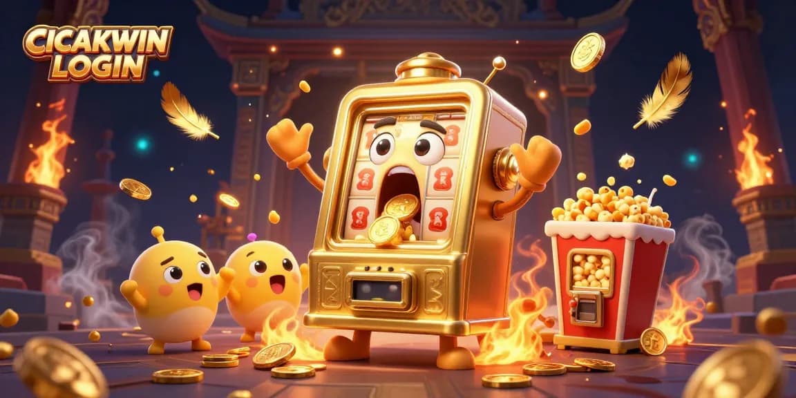 CICAKWIN LOGIN engages players with vibrant slots showing victory and excitement amidst gold coins and lively characters.