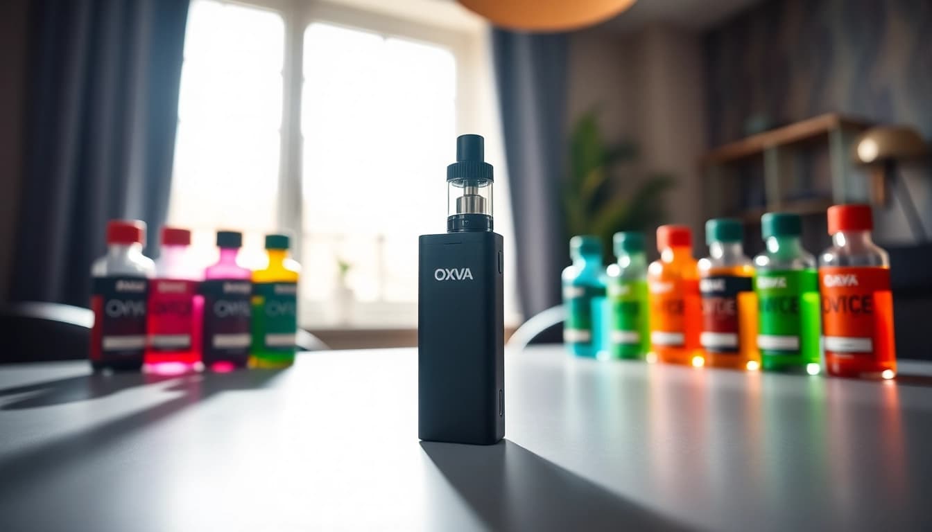 Genießen Sie die Oxva, eine elegante Vape-Device mit leuchtenden E-Liquids im Hintergrund.