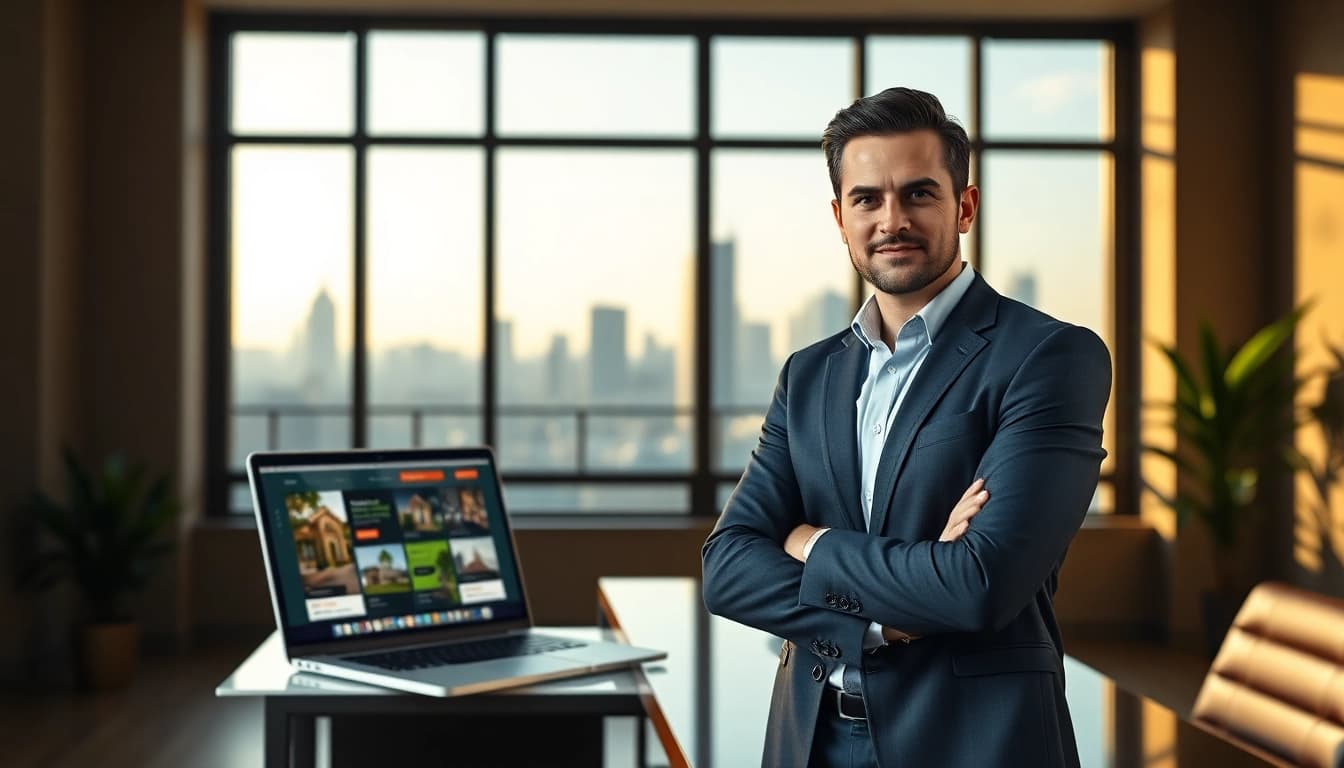 Showcasing a professional real estate agent in an office representing Real Estate opportunities.