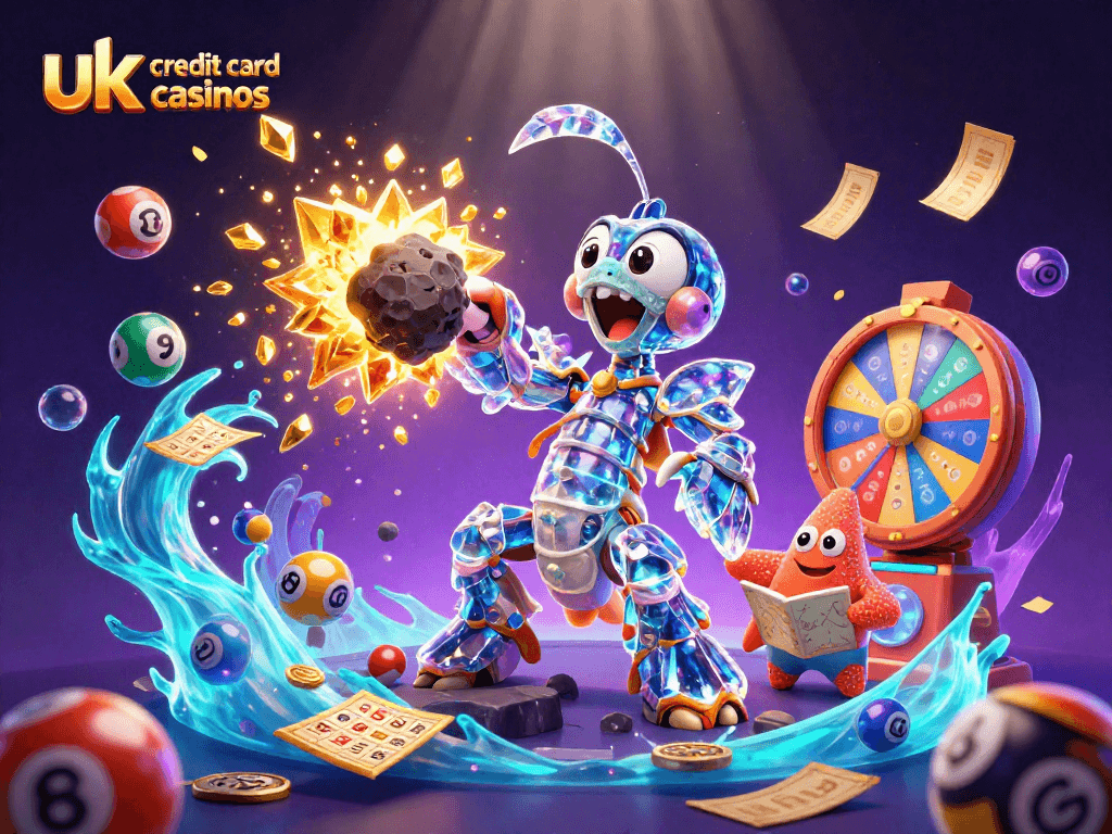 Engage with the excitement of uk credit card casinos featuring a galactic mantis shrimp in a vibrant casino scene.