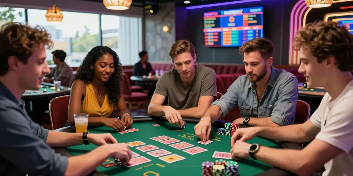 Exciting scene of friends enjoying card games at credit card casinos, vibrant casino atmosphere with neon lights and live betting.
