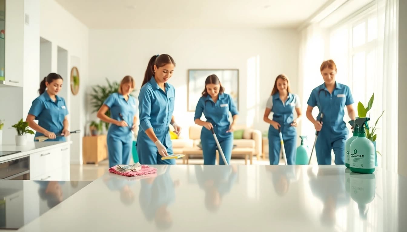 Engaged cleaning service team making a home sparkle with attention and professionalism.